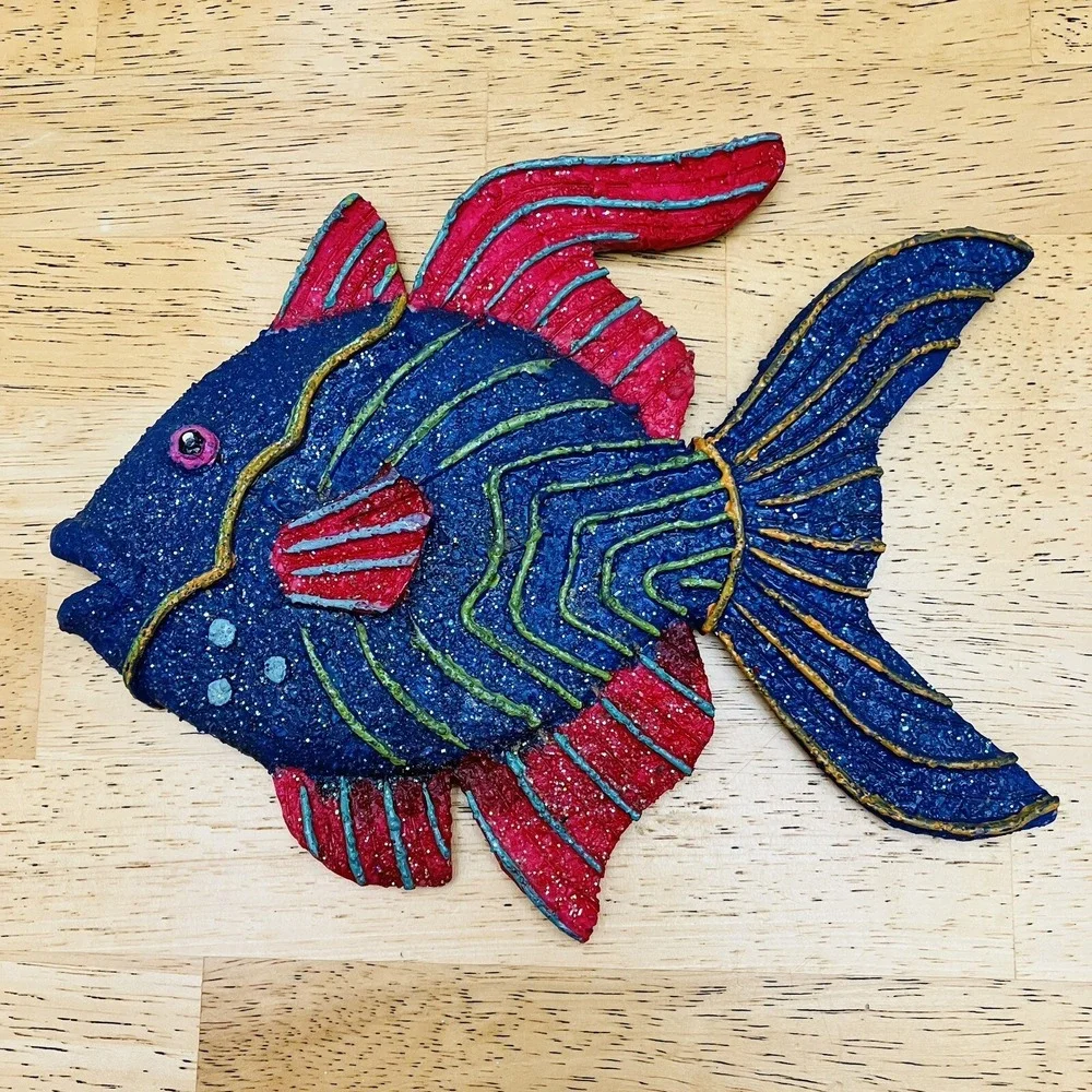 Set Of 3 Glitter Fish Wall Hangings- Blue Red Pink Green Yellow Purple